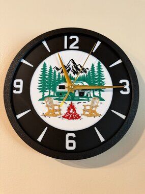Camping Theme 10" Round 3D Printed Retro Wall Clock